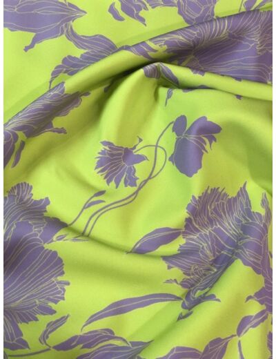 Sélection Coup de coudre - Tissu sergé polyester à motif "Orchidée" lilas et citron vert