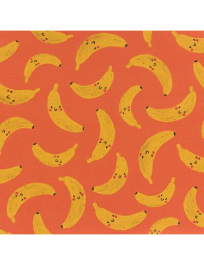 Dashwood Studio - Tissu Popeline de Coton Imprimé "Happy Fruit" Banane sur le Fond Rouge Orangé