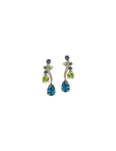 Boucles d'oreilles Isabelle Langlois Eden en or rose, topaze Bleu London, péridot et iolite