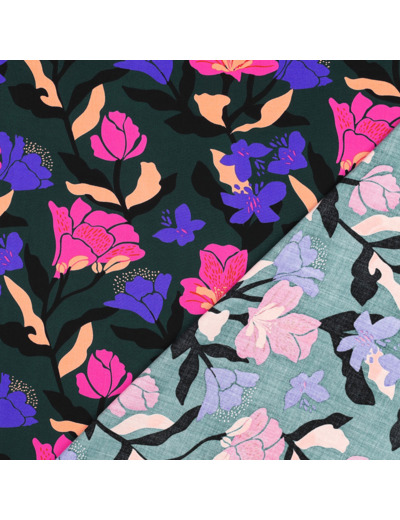 Nerida Hansen - Tissu Popeline de Viscose Lenzing Ecovero "Amira Floral" Vert Foncé et Lilas