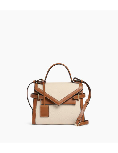 Sac à main double rabat moyen modèle Emilie en toile coton et cuir lisse