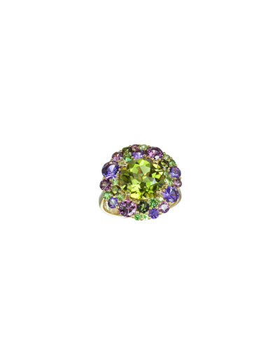 Bague Isabelle Langlois Émotion en or rose, péridot, améthyste, rhodolite, tourmaline verte et saphir rose