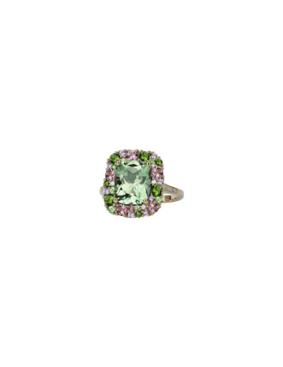 Bague Isabelle Langlois Émotion en or rose, prasiolite, tourmaline rose, tourmaline verte, tsavorite, saphir rose et diamant