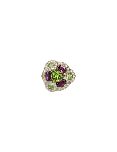 Bague Isabelle Langlois Flora Pensée  en or rose, péridot, rhodolite et diamant