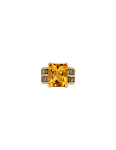 Bague Isabelle Langlois Tissage en or jaune, citrine, topaze Bleu London et diamant