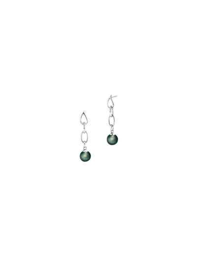 Boucles d'oreilles pendantes Iza B Flore en argent rhodié, perles de Tahiti et diamants