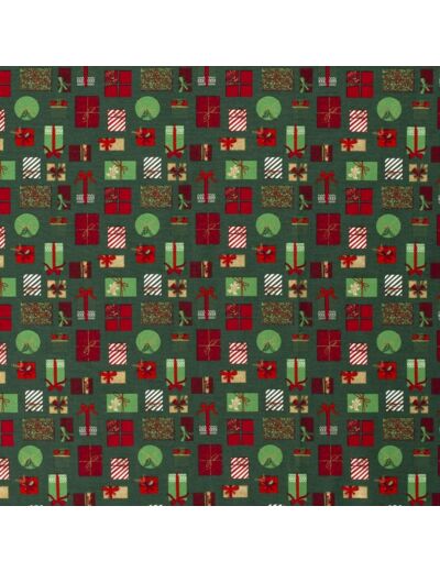 Sélection Coup de coudre - Tissu Popeline de Coton Imprimé Cadeaux de Noël sur le Fond Vert