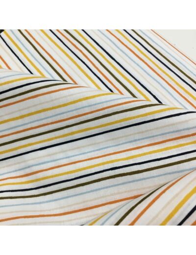 Poppy - Tissu Popeline de Coton Imprimé Rayures Multicolores "Stripe and Space" sur le Fond Blanc