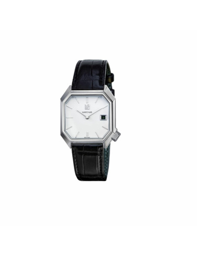 Montre March LA.B MANSART AUTOMATIQUE 34 MM - WHITE DATE - Alligator Noir Grandes Ecailles