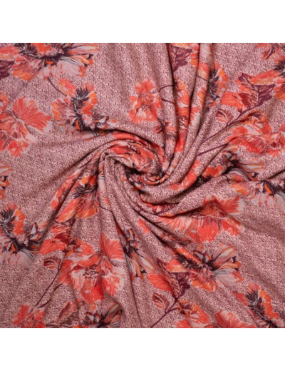 Sélection Coup de coudre - Tissu Crêpe de Viscose Imprimé Gros Fleurs sur le Fond Rose - coupon 3m