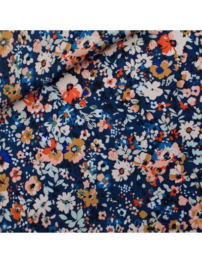 See You at Six - Tissu Satin de Viscose Ecovero Imprimé "Flore Joy" sur le Fond Bleu Océana