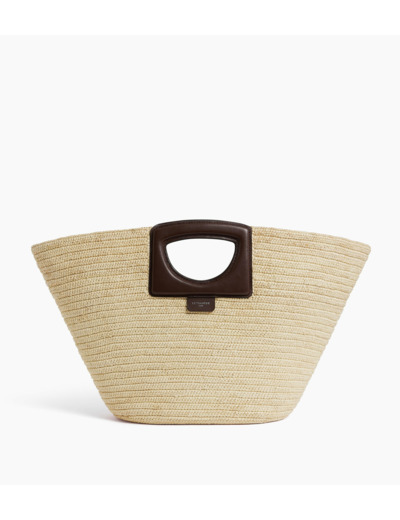Grand sac cabas en raphia naturel et cuir lisse végétal