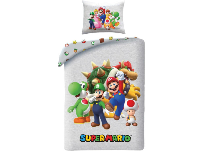 [LITERIE] MARIO - Parure de Lit Super Mario Réversible, Housse de Couette 140x200 cm et Taie d'oreiller