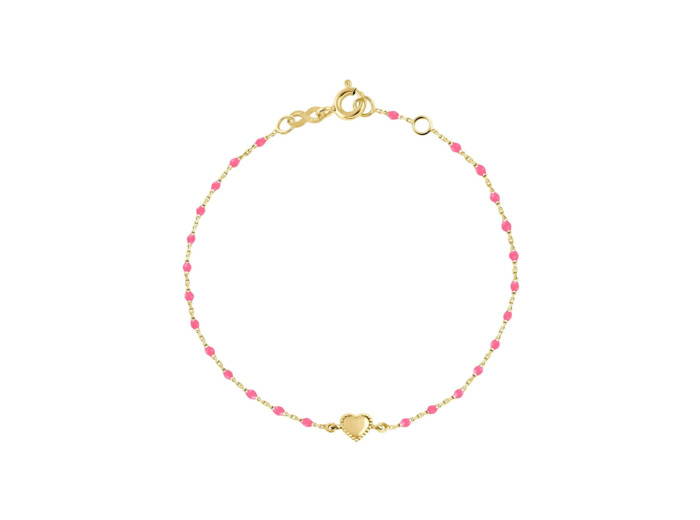Bracelet Gigi Clozeau Lucky Cœur en or jaune et résine rose fluo, taille 17cm