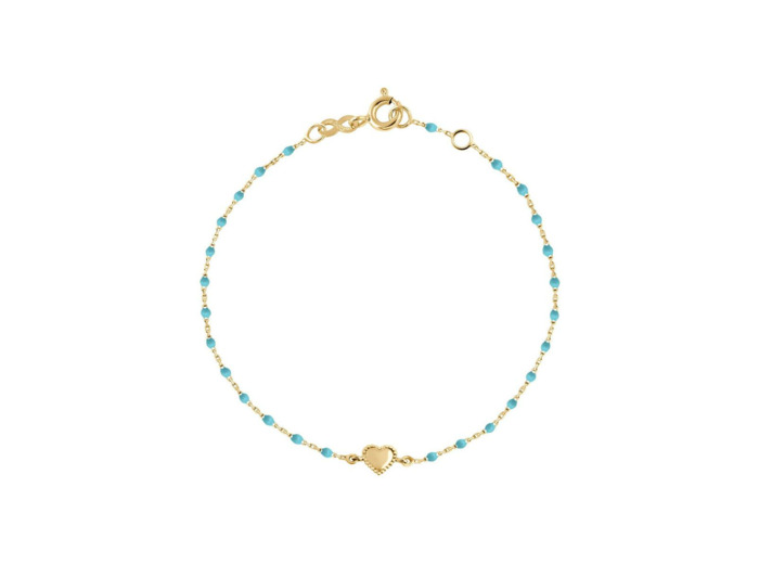 Bracelet Gigi Clozeau Lucky Cœur en or jaune et résine turquoise bleu, taille 17cm