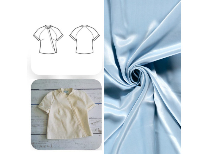 Christine Charles – Kit Couture Top Raglan Ismérie Crêpe Satin Viscose Uni Couleur Bleu Clair