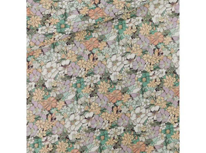 See You at Six - Tissu French Terry de Coton Imprimé "Imagine All The Flowers" sur le Fond Verre Vert Claire
