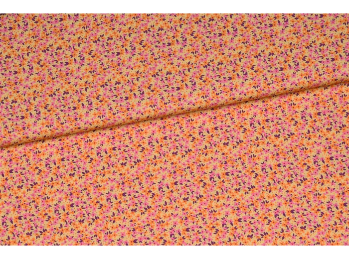 Sélection Coup de coudre - Tissu Popeline de Viscose Imprimé Petites Fleurs Sur le Fond Orange