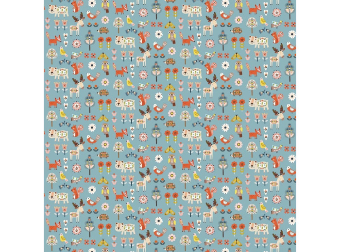 Dashwood Studio - Tissu Popeline de Coton Imprimé Animaux de la Forêt "Nordiska" sur le Fond Gris
