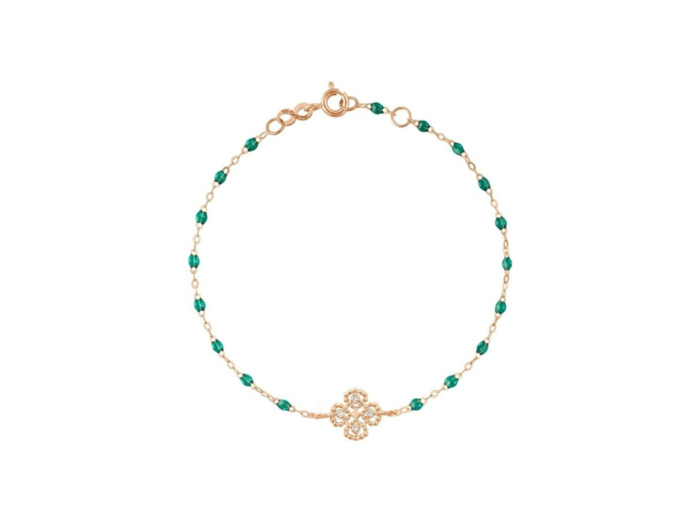 Bracelet Gigi Clozeau Lucky Trèfle en or rose, diamants et résine émeraude, taille 17cm