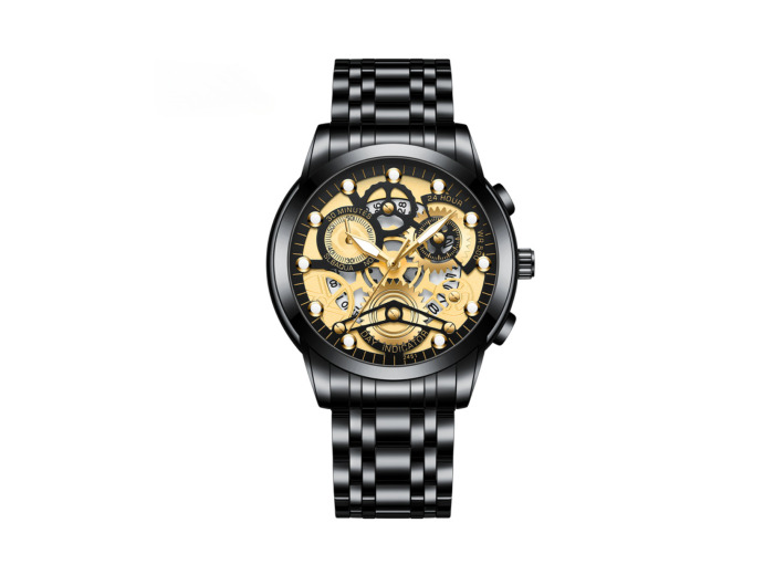 Montre Homme Lumineux Étanche en Acier Inoxydable 2451JH - Noir Or