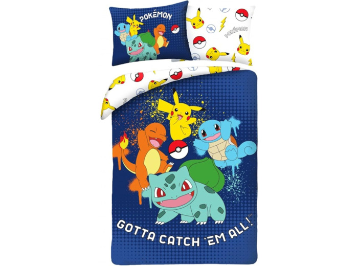 [LITERIE] Pokemon - Housse de couette 140 x 200 cm et taie d'oreiller 70 x 90 cm - Pokémon avec Pikachu, carapuce, salamèche et bulbizarre