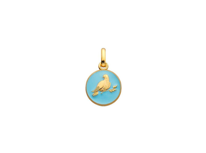 Médaille Arthus Bertrand Ma Mini Médaille Colombe en or jaune et laque bleu ciel, 10 mm