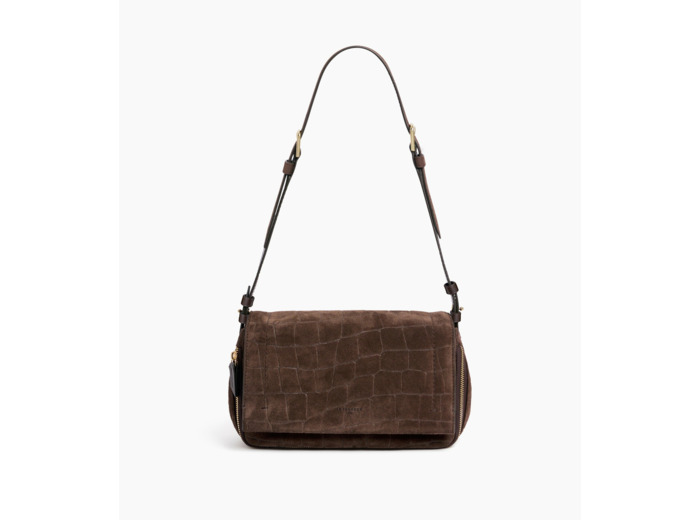 Petit sac bandoulière Aurore en cuir refente de velours embossé crocodile