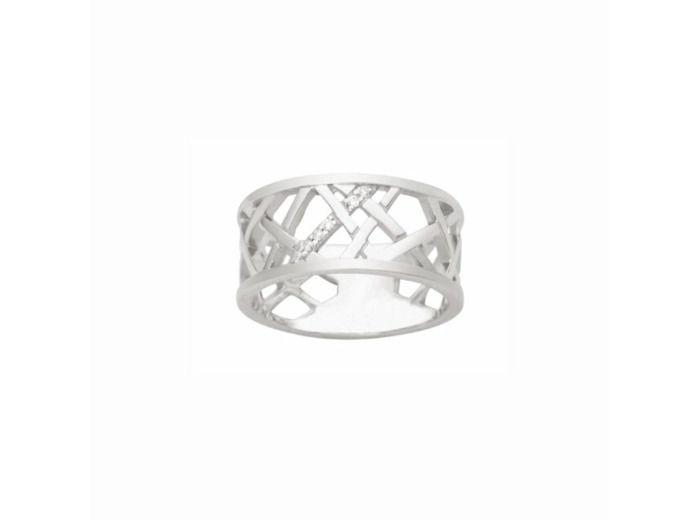 Bague larges motifs géométriques en argent rhodié et oxydes de zirconium