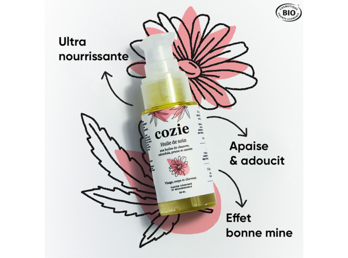 Huile de soin aux huiles de chanvre, calendula, prune et carotte