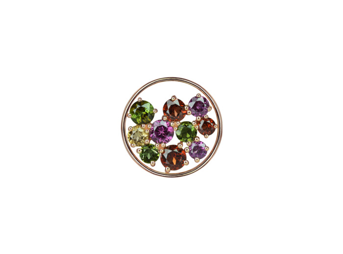 Pendentif Isabelle Langlois Sac de billes en or rose, grenat, rhodolite, tourmaline verte et quartz cognac