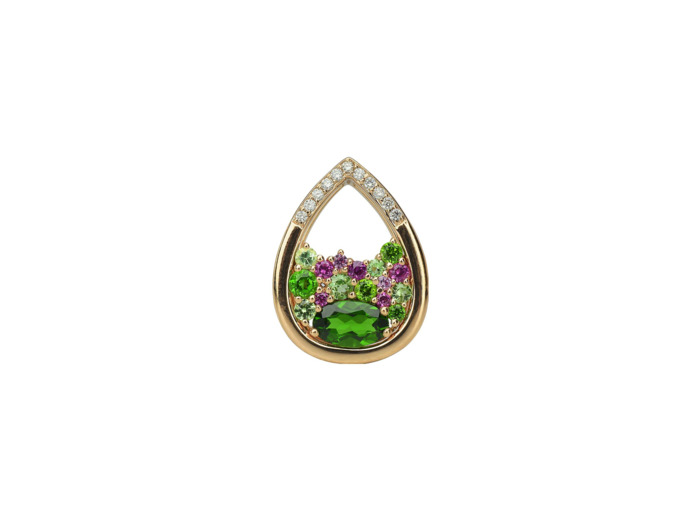 Pendentif Isabelle Langlois Sac de billes en or rose, diopside, tsavorite, saphir rose et diamant