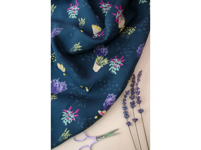 Lise Tailor - Tissu Popeline de Viscose Imprimé "Paniers" Marine - coupon 3 m