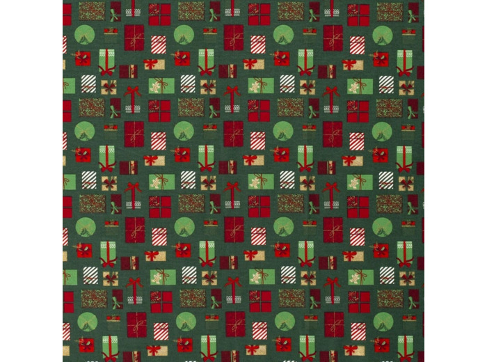 Sélection Coup de coudre - Tissu Popeline de Coton Imprimé Cadeaux de Noël sur le Fond Vert