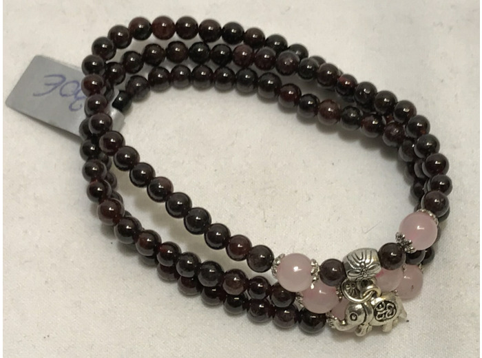 Bracelet 3 rang Grenat rouge et quartz rose