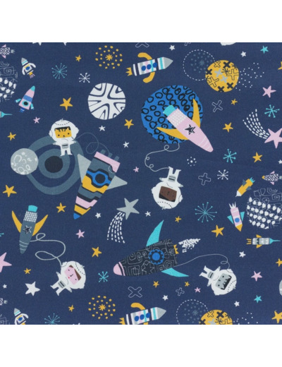 Dashwood Studio - Tissu Popeline de Coton Imprimé "Blast Off" sur le Fond Bleu Indigo