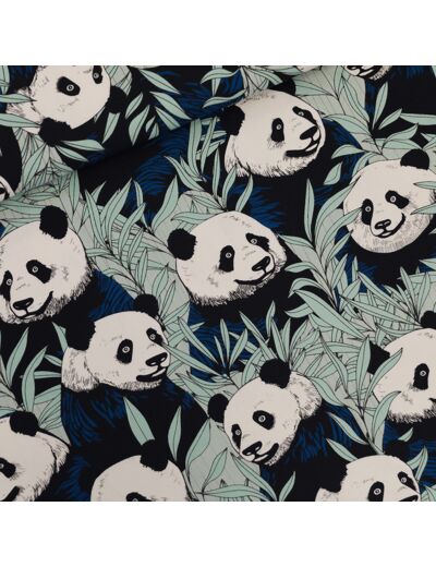 See You at Six - Tissu French Terry de Coton Imprimé "Panda Party" sur le Fond Noir