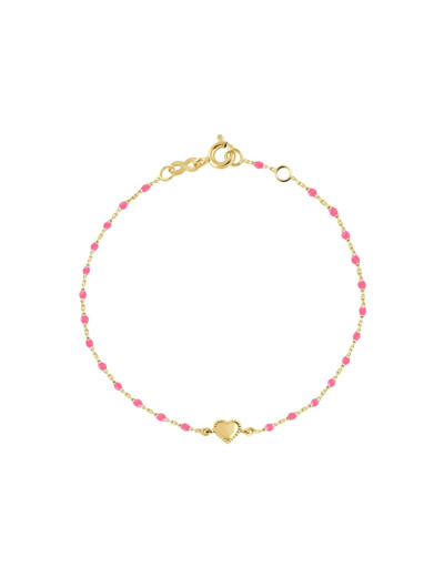 Bracelet Gigi Clozeau Lucky Cœur en or jaune et résine rose fluo, taille 17cm