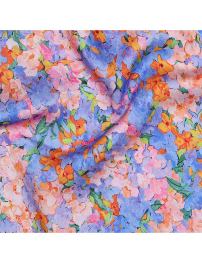 Sélection Coup de coudre - Satin De Viscose Imprimé  Motif Floral Aquarelle sur Fond Bleu Violet