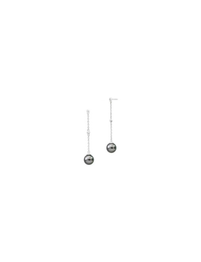 Boucles d'oreilles pendantes Iza B Epure en argent rhodié, diamants et perles de Tahiti