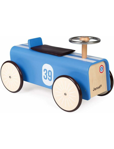 Janod - Porteur Enfant Voiture - Volant en Métal Directionnel, Assise Épaisse et Amovible - Voiture de Course au Look Vintage - Jouet en Bois Cintré - Dès 2 Ans, J08051