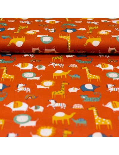 Poppy - Tissu Popeline de Coton Imprimé Animaux "Safari Friends" sur le Fond Terracotta