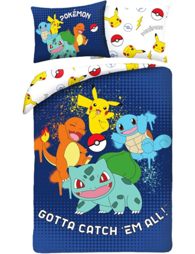 [LITERIE] Pokemon - Housse de couette 140 x 200 cm et taie d'oreiller 70 x 90 cm - Pokémon avec Pikachu, carapuce, salamèche et bulbizarre