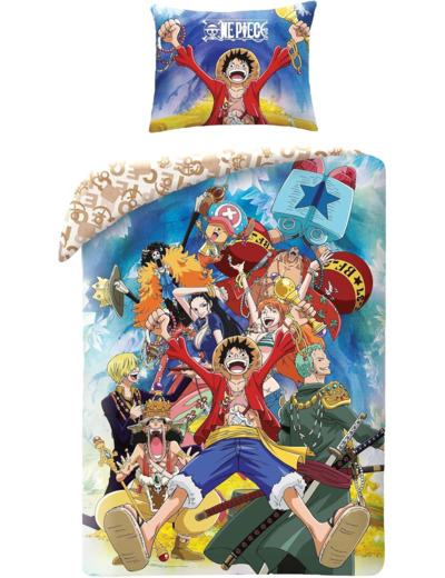 [LITERIE] ONE PIECE - Monkey D. Luffy et personnages divers – Housse de couette 140 x 200 cm avec taie d'oreiller 70 x 90 cm