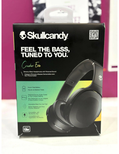 Casque sans Fil Bluetooth Skullcandy Crusher Evo, Basses Multisensorielles, Circum-Auriculaire, Isolation du Bruit, 40 Heures d'Autonomie - Noir