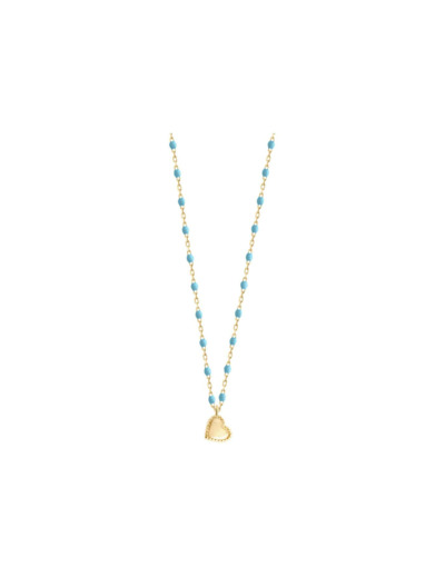 Collier Gigi Clozeau Lucky Cœur en or jaune et résine turquoise bleu, taille 40cm