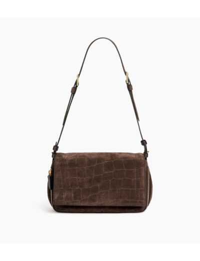Petit sac bandoulière Aurore en cuir refente de velours embossé crocodile