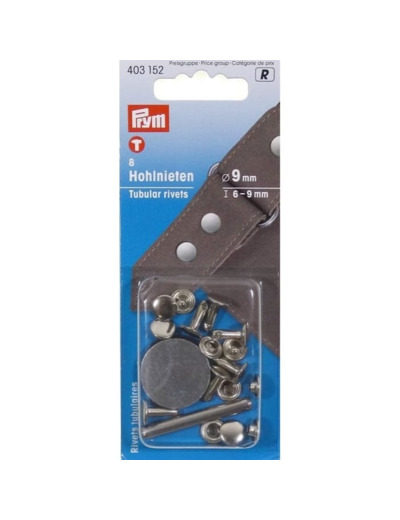 Prym - Boite 8 Rivets Tubulaires Coloris Argent avec Outil de Perçage (9 mm)