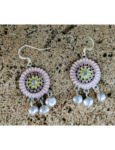 Boucles D'Oreille Chandelier Rose Et Perles D'Eau Douce