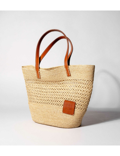 Grand sac cabas le Nattier en cuir lisse semi-végétal et raphia